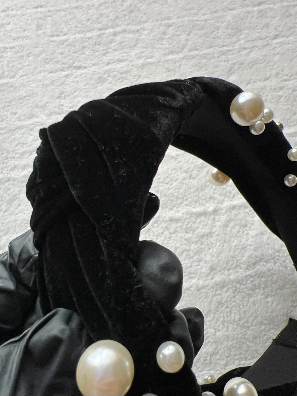 Natasha Couture Black Velvet Pearl Rhinestone Knotted Headband Embellished